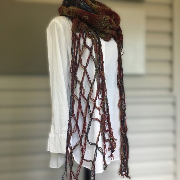 Hand Crocheted Red Tan Purple Pink Blue Boucle Extra Long Net Fringed Scarf - Picture 1 of 15